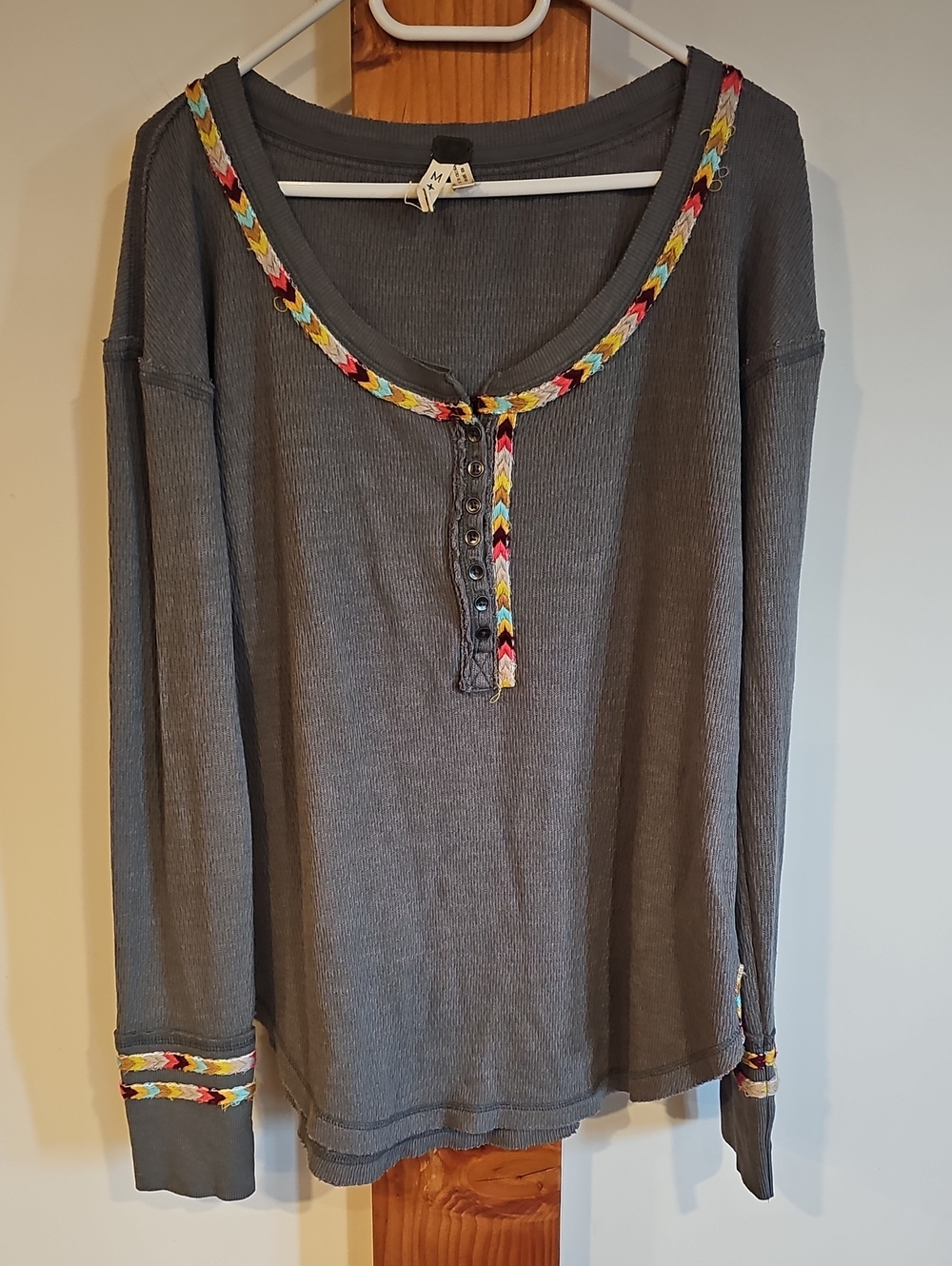 We The Free Gray Long-Sleeve Scoop Henley with Multicolor Braided Trim